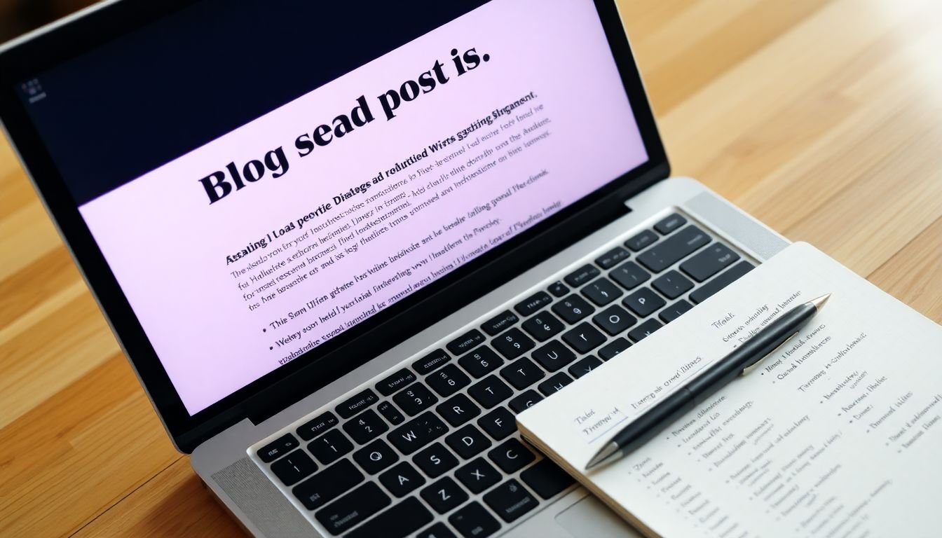 A laptop screen displaying a well-structured, engaging blog post, with a pen and notepad beside it filled with ideas and keywords.