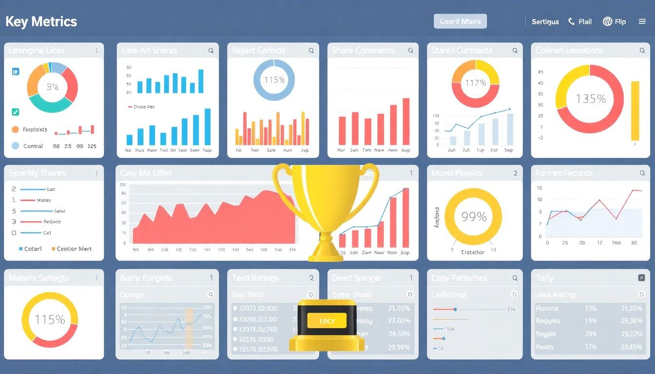 A dashboard filled with graphs and charts displaying key metrics - likes, shares, comments, conversions, and more - with a trophy symbol highlighting the importance of tracking success.
