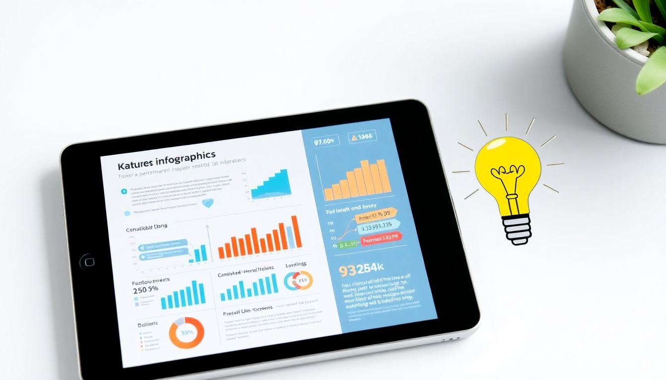 An infographic displayed on a tablet, with a lightbulb moment illustration beside it, showing how it makes complex data easy to understand.