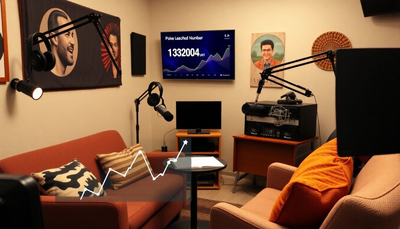 A cozy podcast studio with headphones, microphones, and a comfortable seating area, with a graph showing increasing listener numbers.