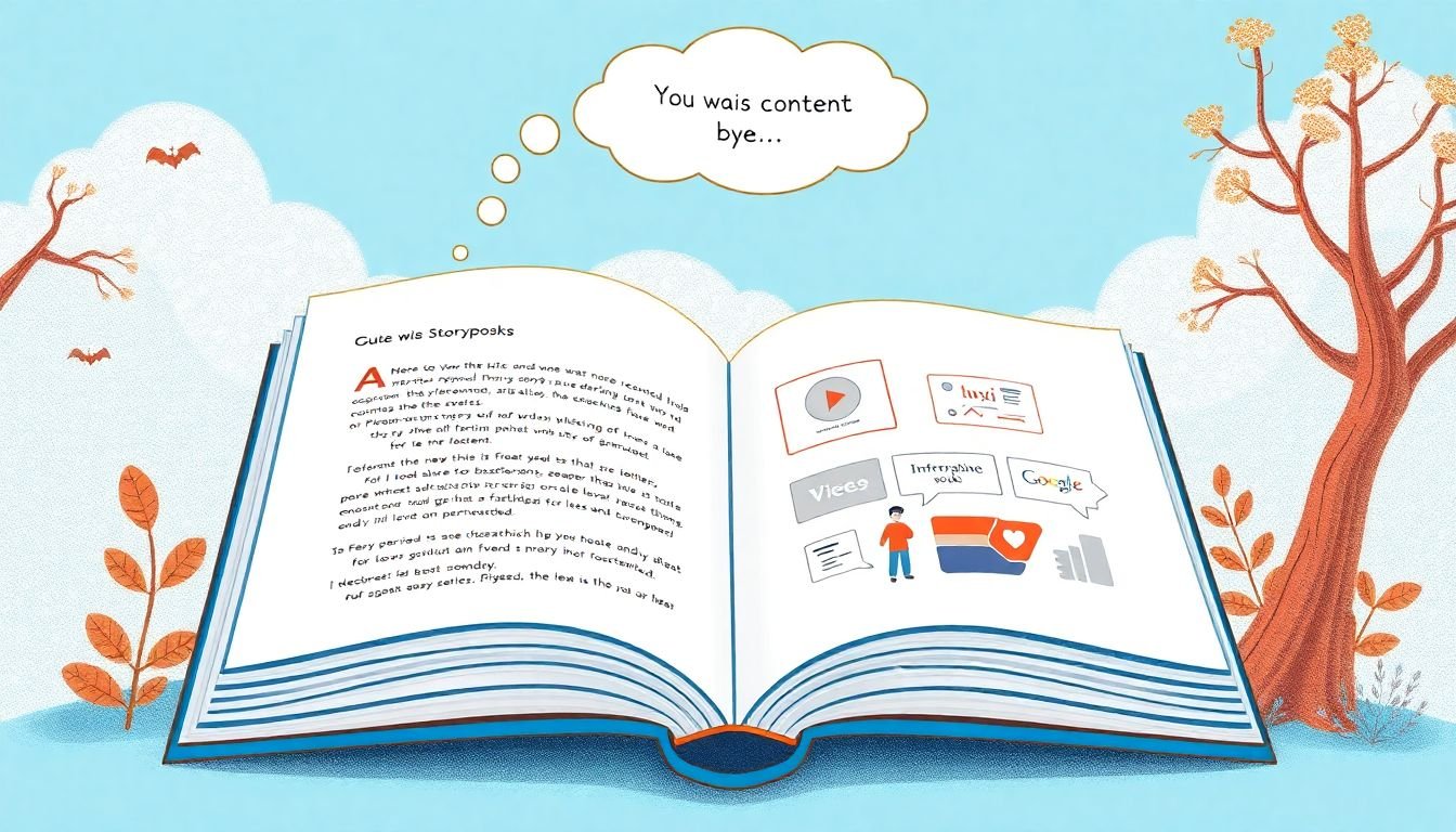 A storybook open to a captivating illustration, with a thought bubble above it containing various content types like blog posts, videos, and infographics.