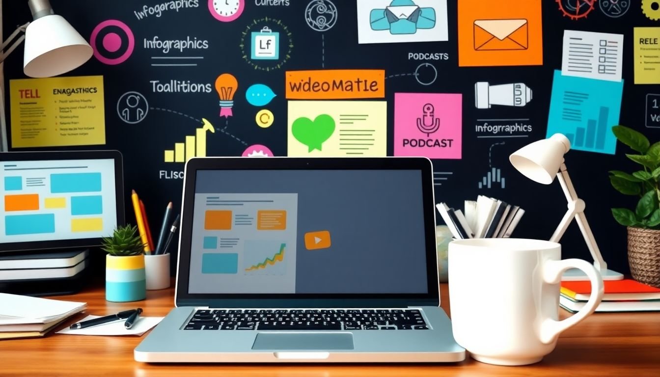 A creative workspace filled with various types of content - blog posts, infographics, videos, podcasts, and more - all driving engagement and conversions, with a laptop and coffee cup in the foreground.