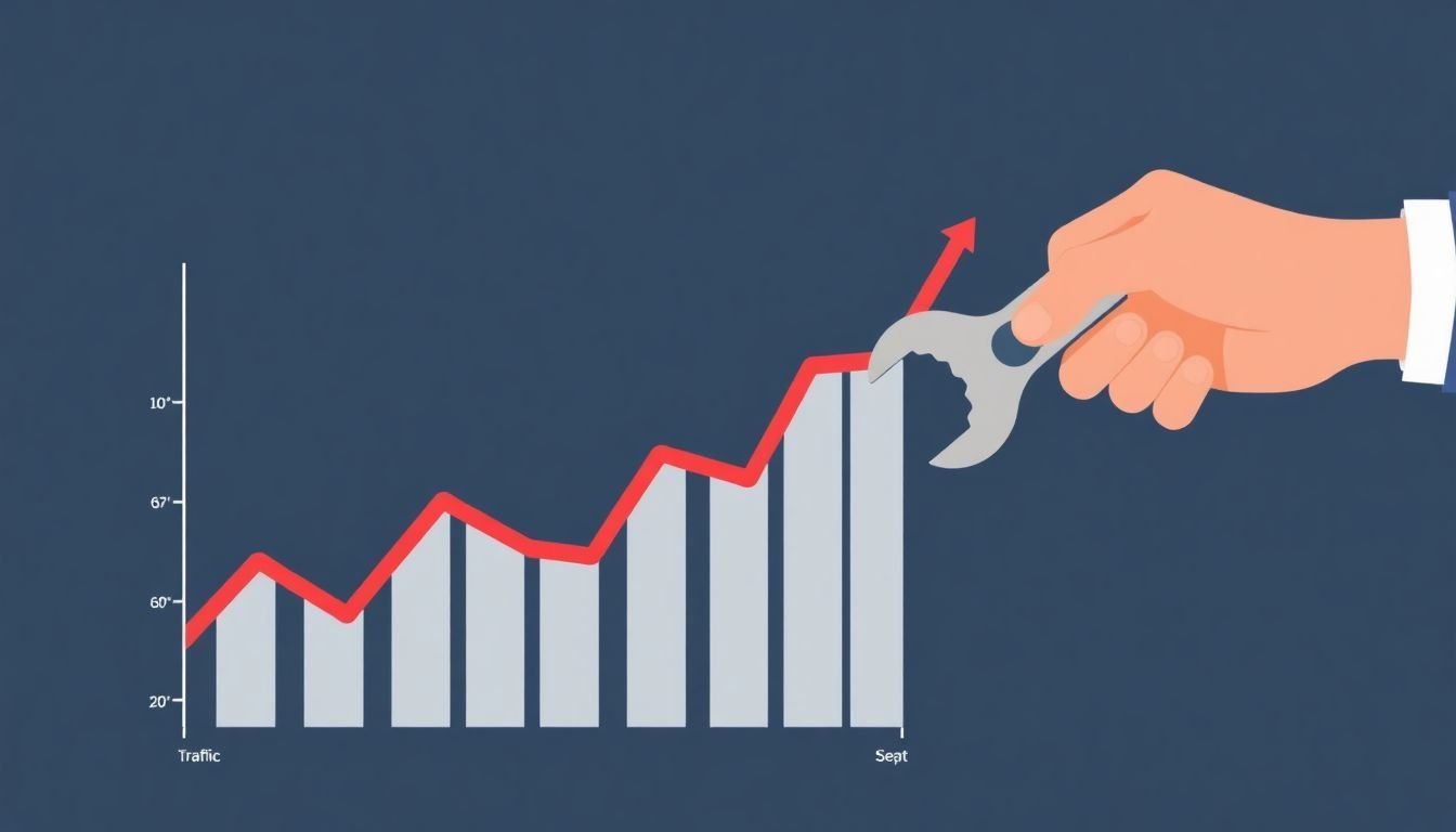 A graph showing increasing traffic, with a blogger's hand adjusting a wrench, symbolizing optimization.