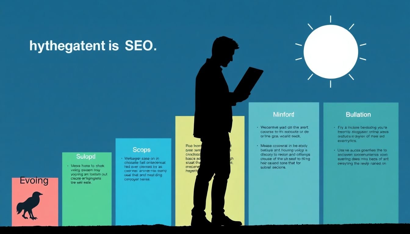 An infographic showing the evolution of SEO, with a blogger's silhouette in the foreground, holding a laptop.