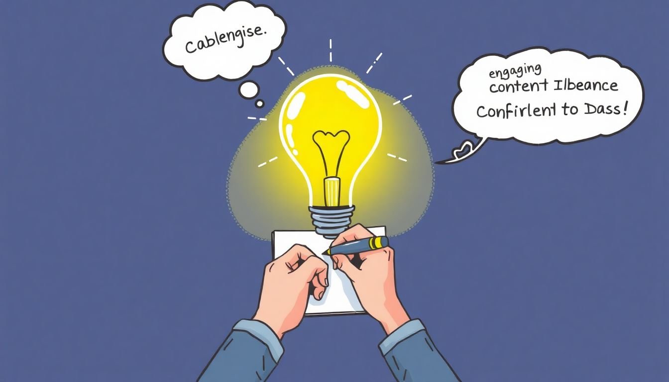 A lightbulb moment illustration, with a blogger's hand writing on a notepad, and a thought bubble with engaging content ideas.
