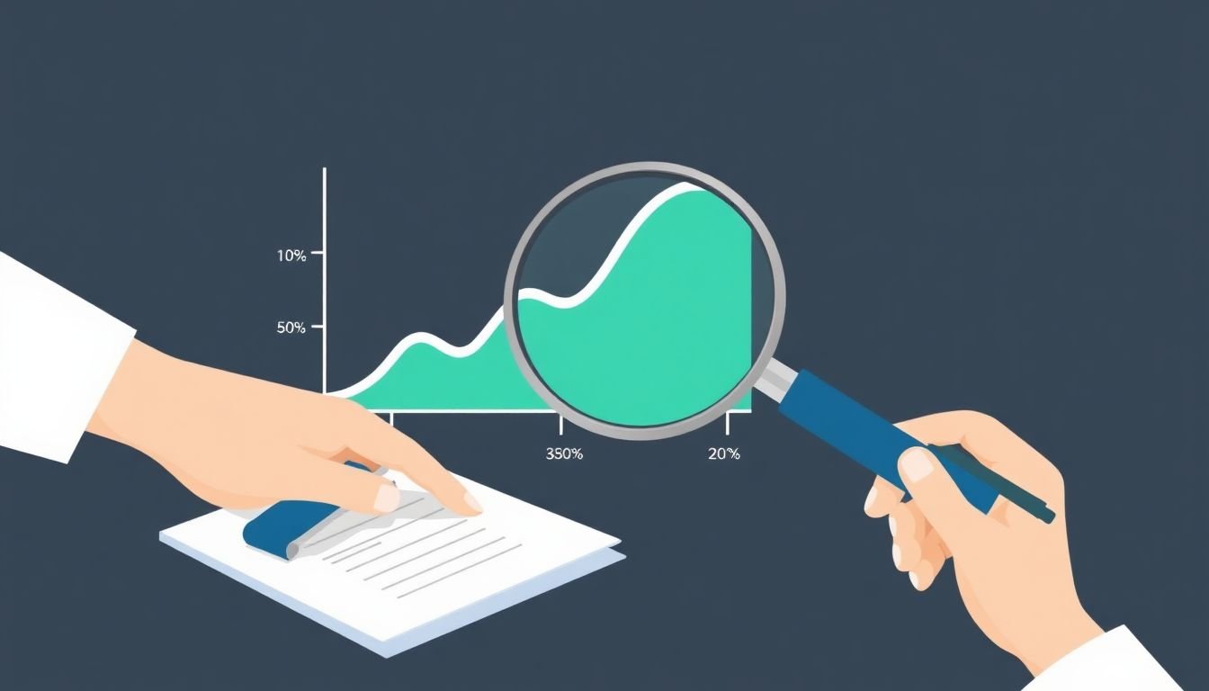 A graph showing keyword search volume, with a magnifying glass hovering over it, and a blogger's hand holding a pen, ready to take notes.