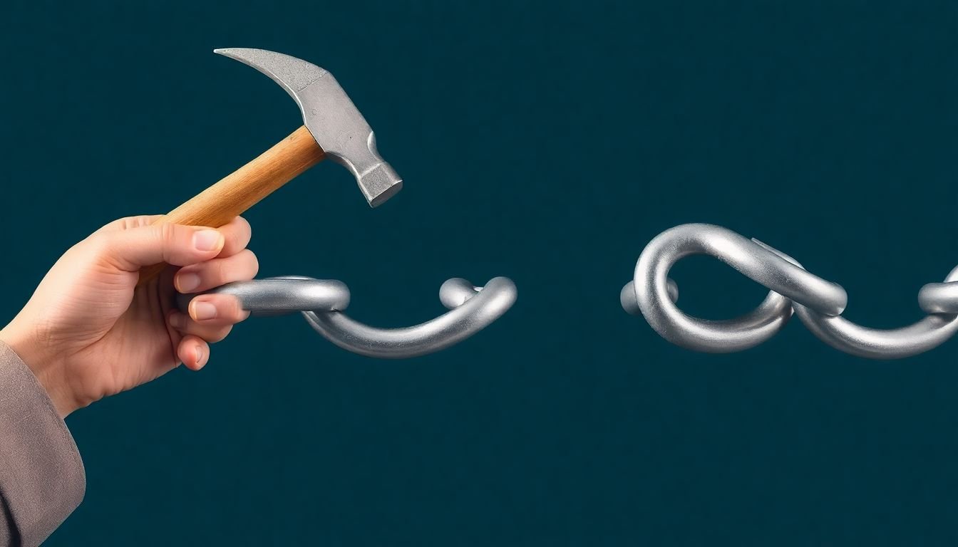 A chain link growing stronger, with a blogger's hand holding a hammer, ready to build more links.