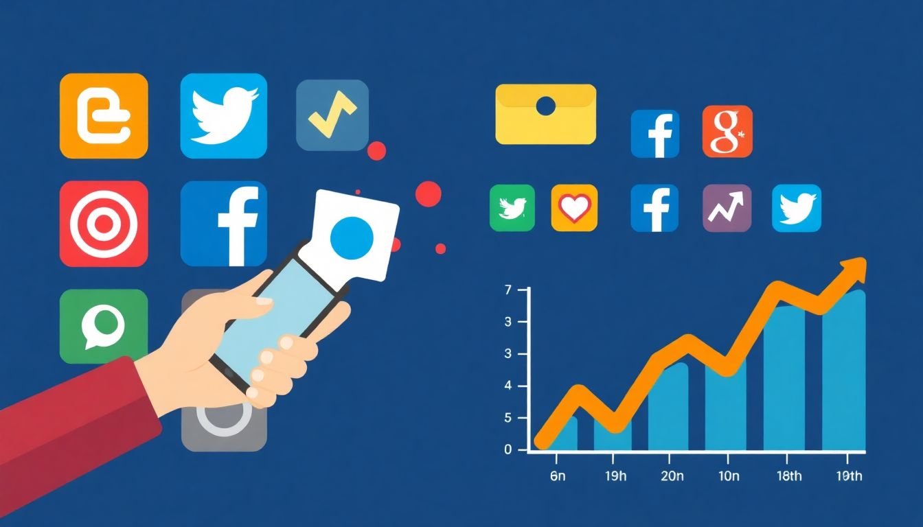 A social media icon grid, with a blogger's hand sharing a post, and a graph showing increasing traffic.
