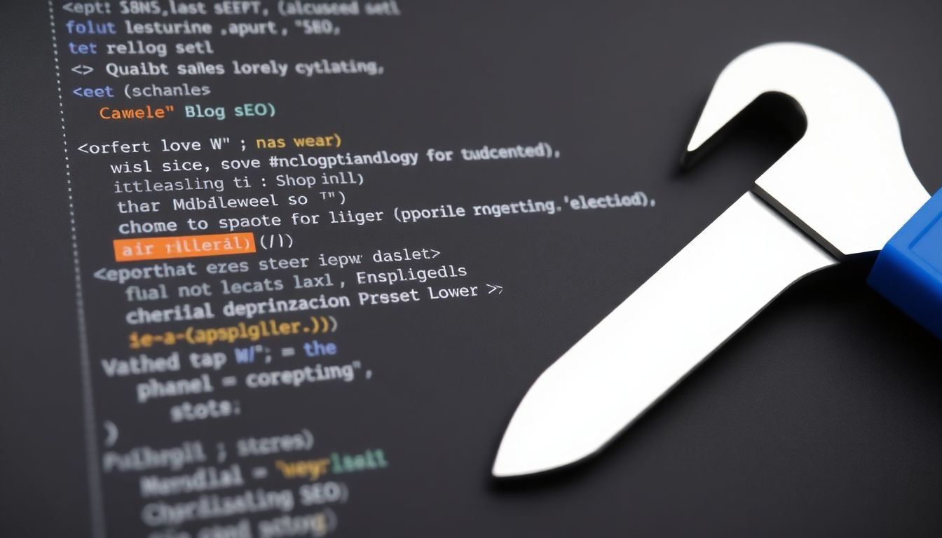 A blog post's code snippet, with SEO elements highlighted, and a wrench or screwdriver next to it, symbolizing optimization.