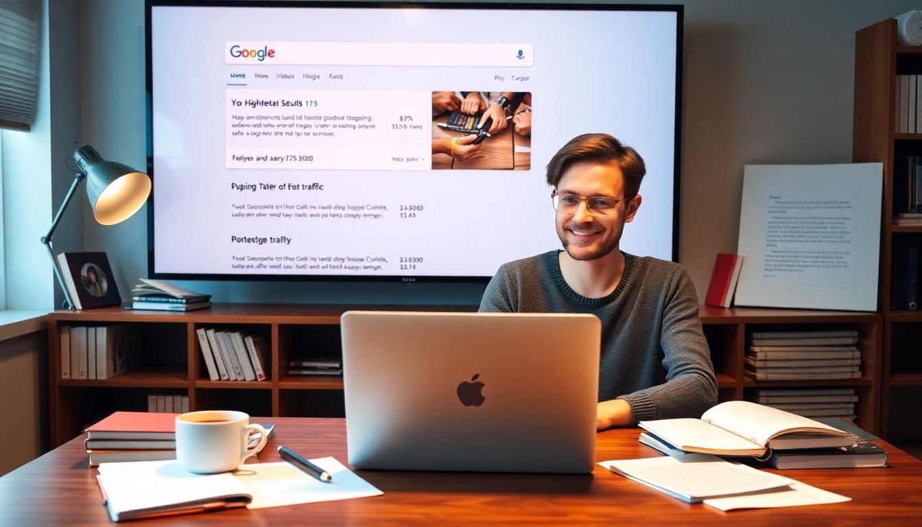 A blogger sitting at a desk, laptop open, with a cup of coffee, surrounded by books and notes, a large screen behind them showing Google's search results page with their blog post at the top, and a graph showing increasing traffic.