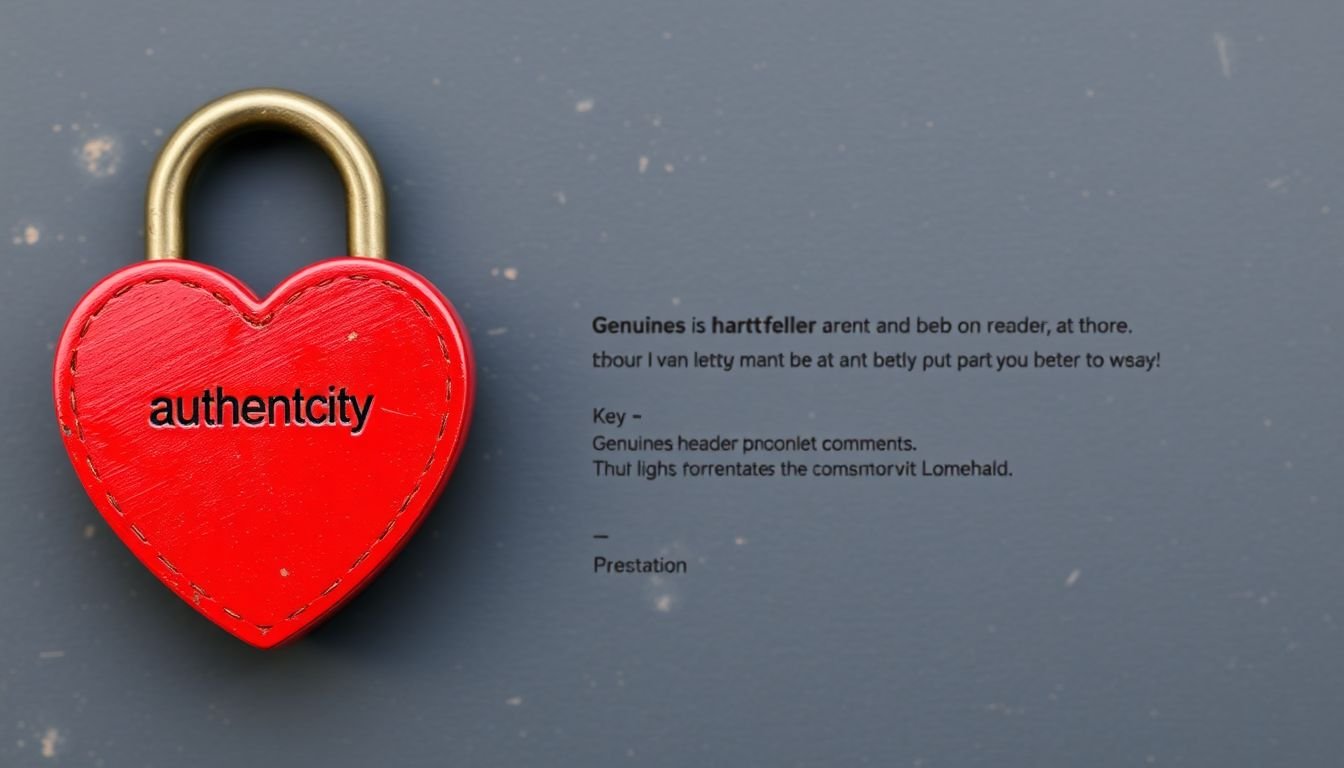 A heart-shaped lock with a key labeled 'authenticity', opening to reveal a blog post title and a stream of genuine, heartfelt reader comments.