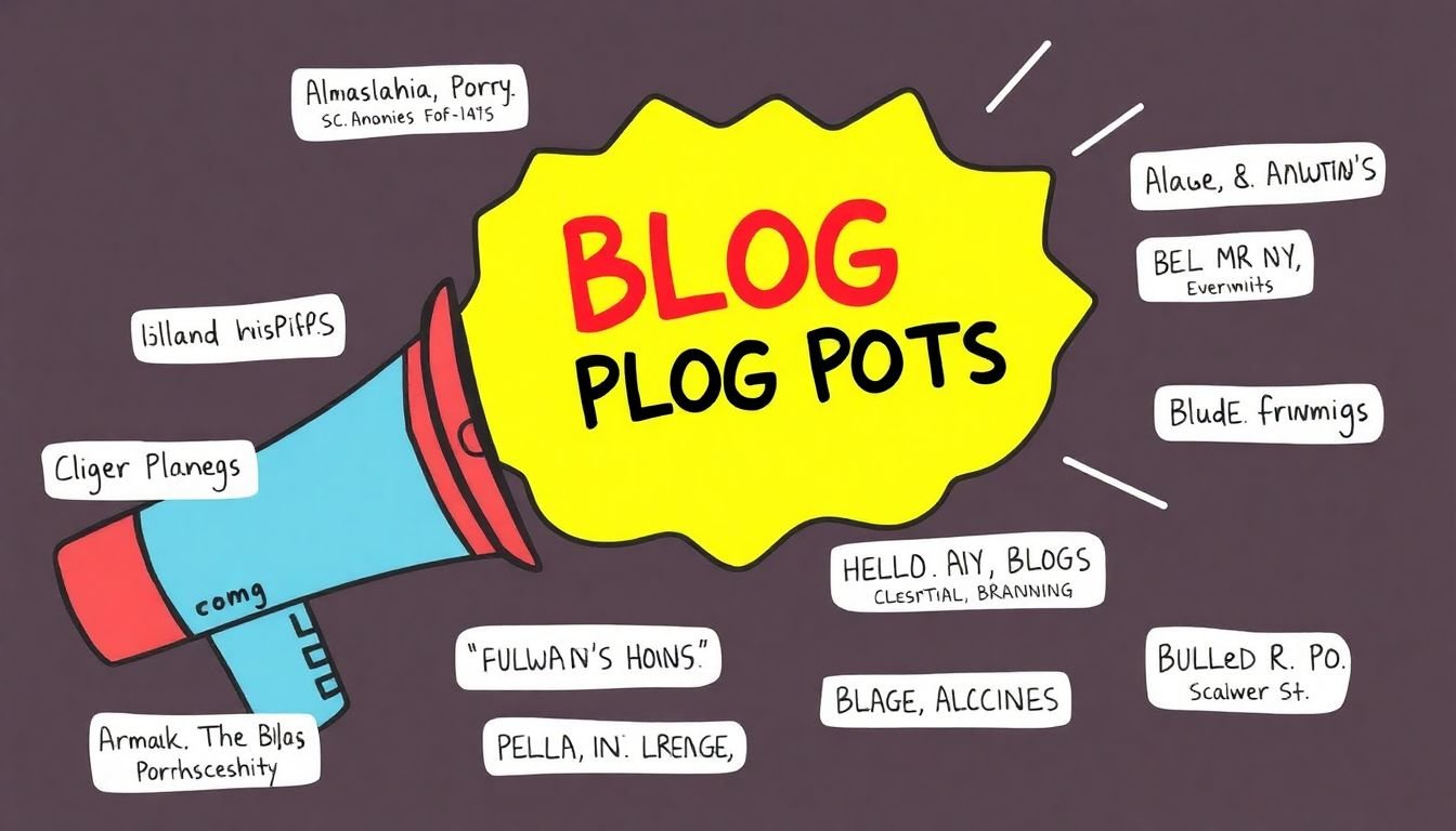 A graphic of a megaphone with a vibrant, hand-drawn voice bubble emanating from it, surrounded by various blog post titles.