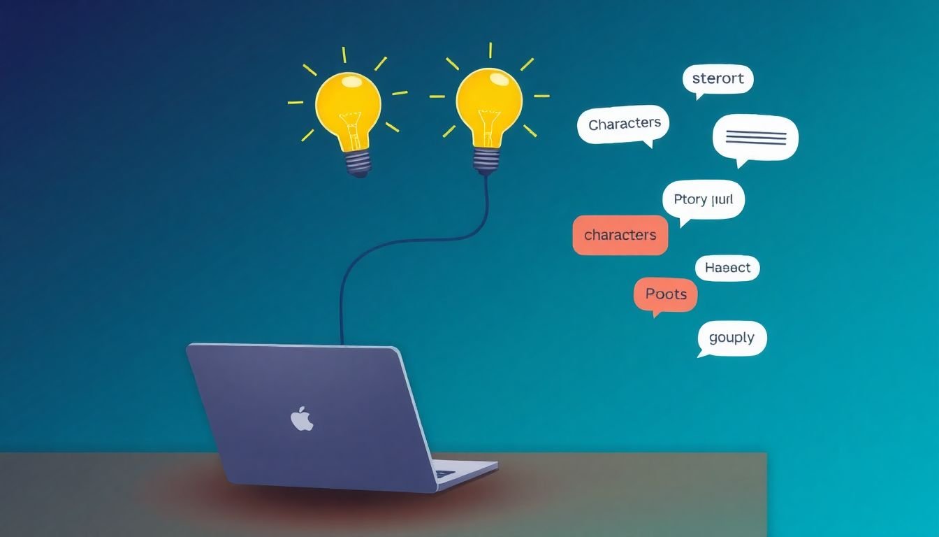 An illustration of a lightbulb moment, with a brain connected to a laptop, and story elements like characters, plot, and dialogue swirling around it.
