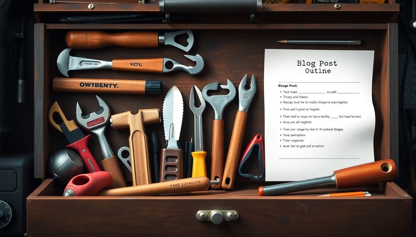 A toolbox filled with storytelling techniques, each represented by a different tool, with a blog post outline on the workbench.