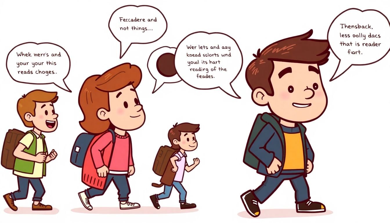 A cartoon avatar of a blogger evolving and growing, with thought bubbles containing reader interactions and feedback.