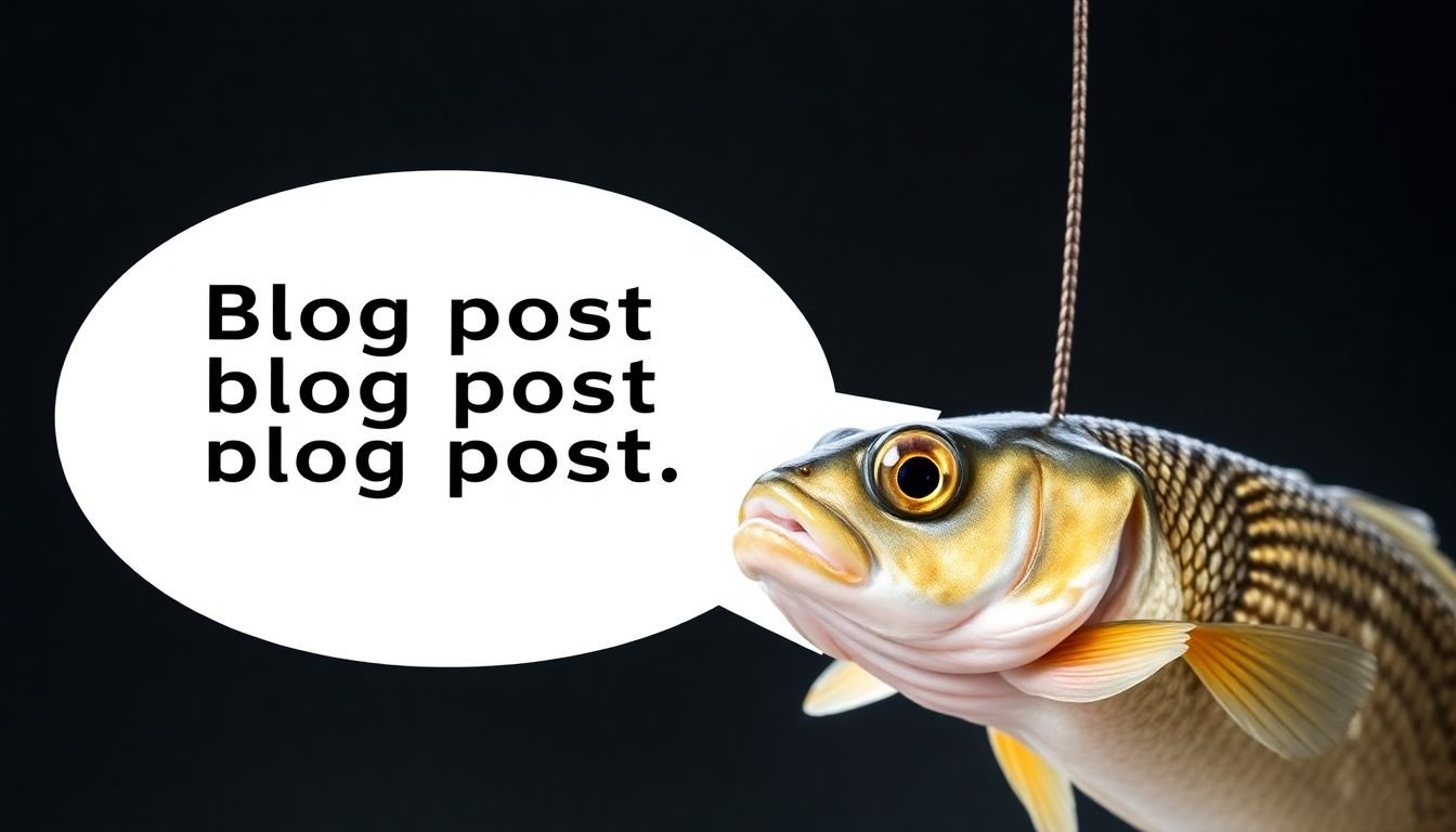 A fish on a hook, with the hook shaped like a speech bubble containing a compelling blog post opening.