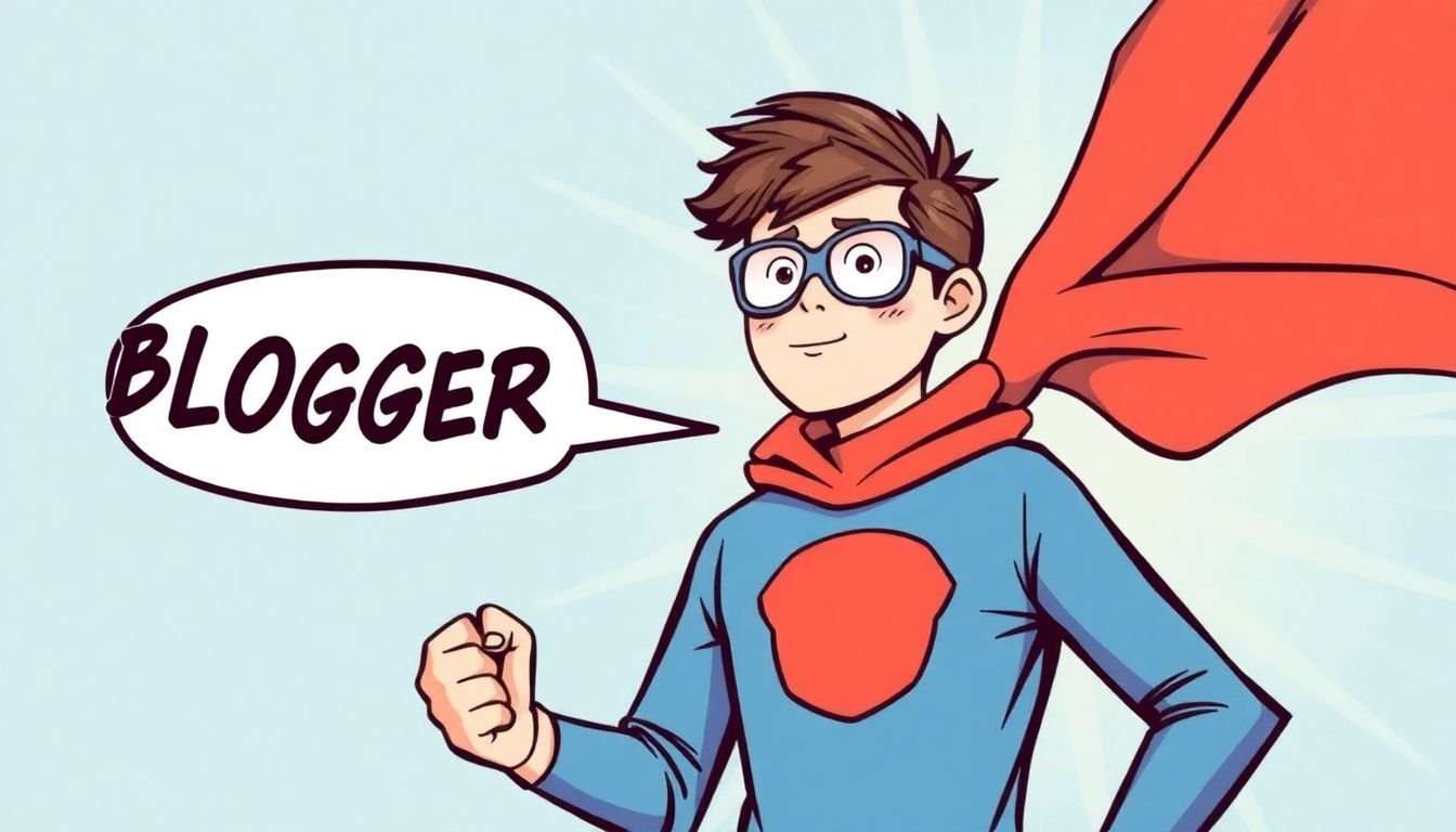 A comic book-style cover featuring a blogger as a superhero, with a series of connected blog post titles forming a speech bubble.