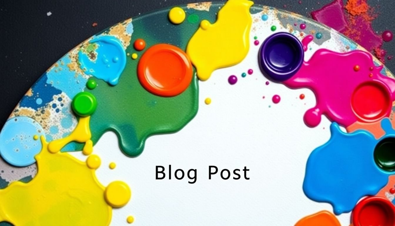 A painter's palette with splashes of color, each representing a different sensory detail, arranged around a blank canvas with a blog post title.
