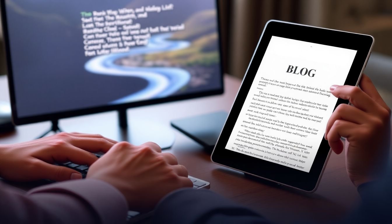 A captivating image of a writer's hands typing on a keyboard, with words flowing like a river onto the screen, and a loyal reader engrossed in a blog post on their tablet, underlined with a warm, inviting color gradient.