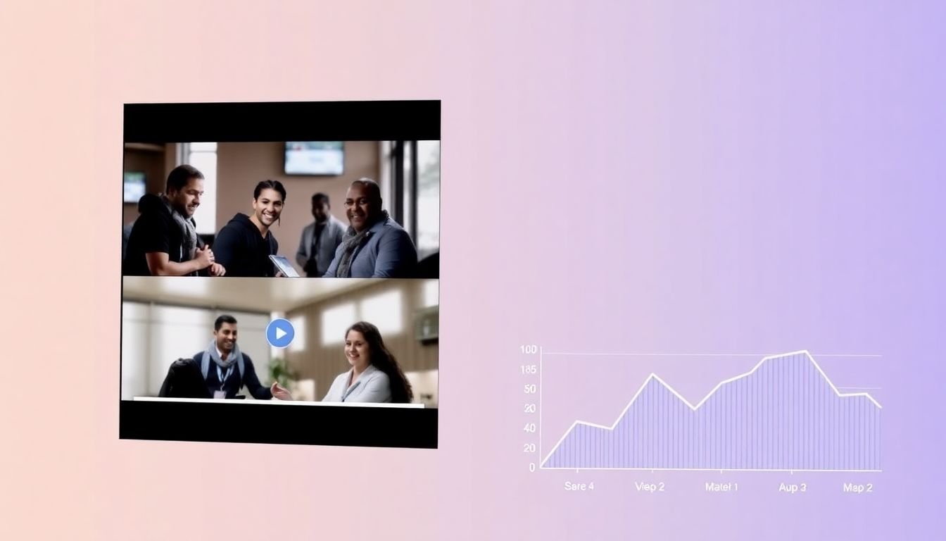 A video screen displaying different content for different viewers, with a data graph showing increased engagement.