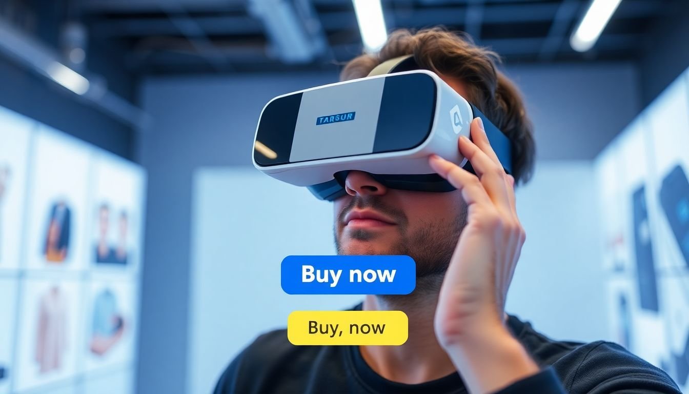 A person using VR goggles to experience a product in a virtual environment, with a 'buy now' button within reach.