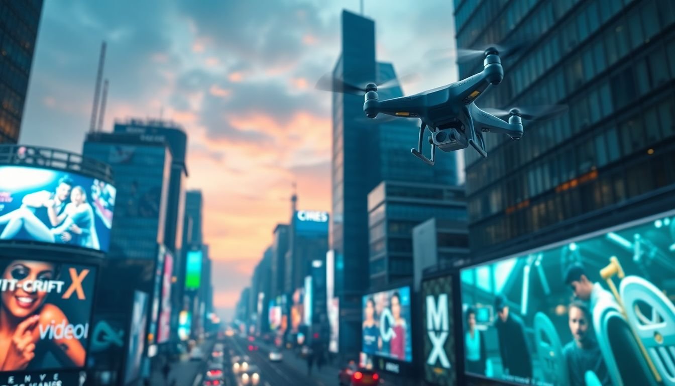 A futuristic cityscape with holographic billboards and flying drones, symbolizing the ever-evolving video marketing landscape.