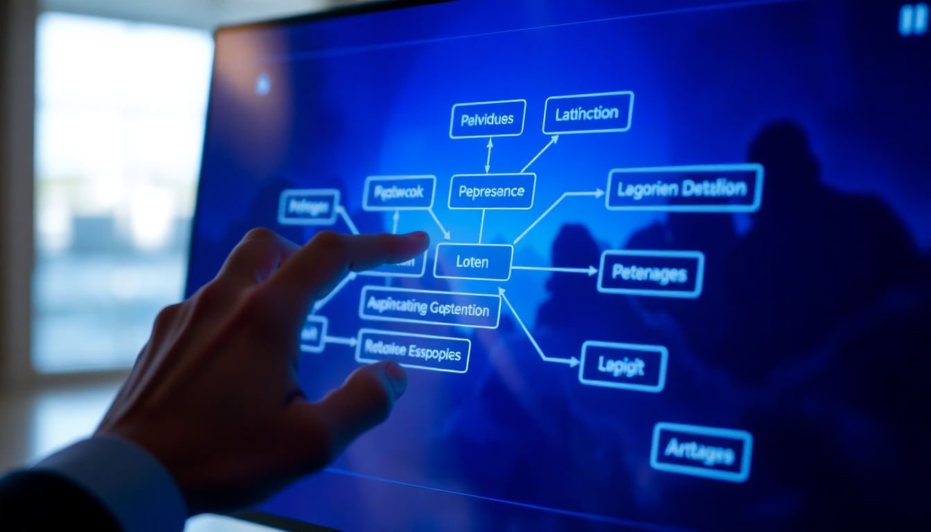 A person using a touchscreen to interact with a video, with options branching out like a game.