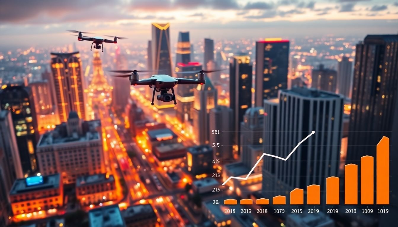 A dynamic, futuristic cityscape with drones filming, a creative team brainstorming, and a graph showing increasing conversion rates.