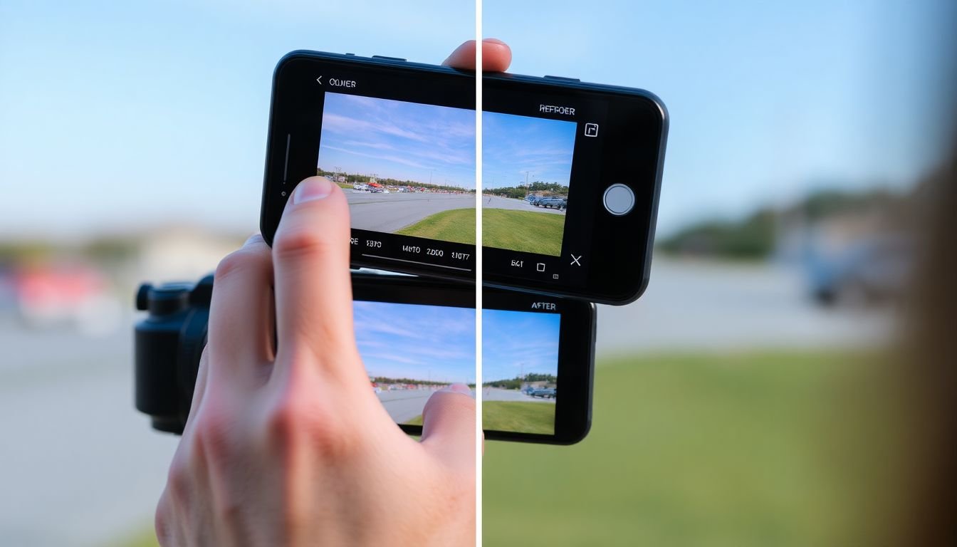 A filmmaker adjusting color grading sliders on a smartphone, with a before-and-after comparison of the video's look.