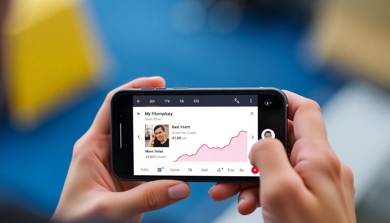 A filmmaker sharing their video on a smartphone, with a graph showing increasing views and engagement.