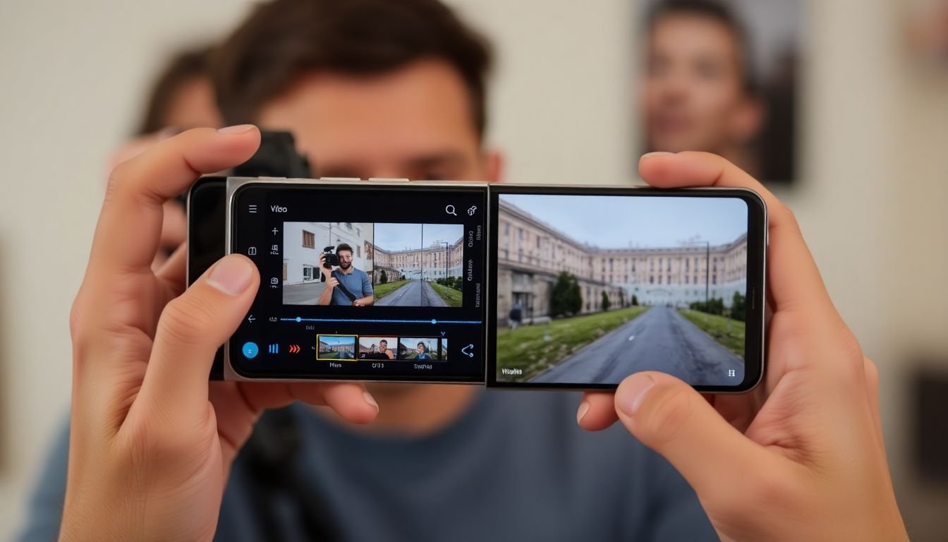 A filmmaker editing a video on a smartphone, with a split-screen showing the editing interface and the final cut.
