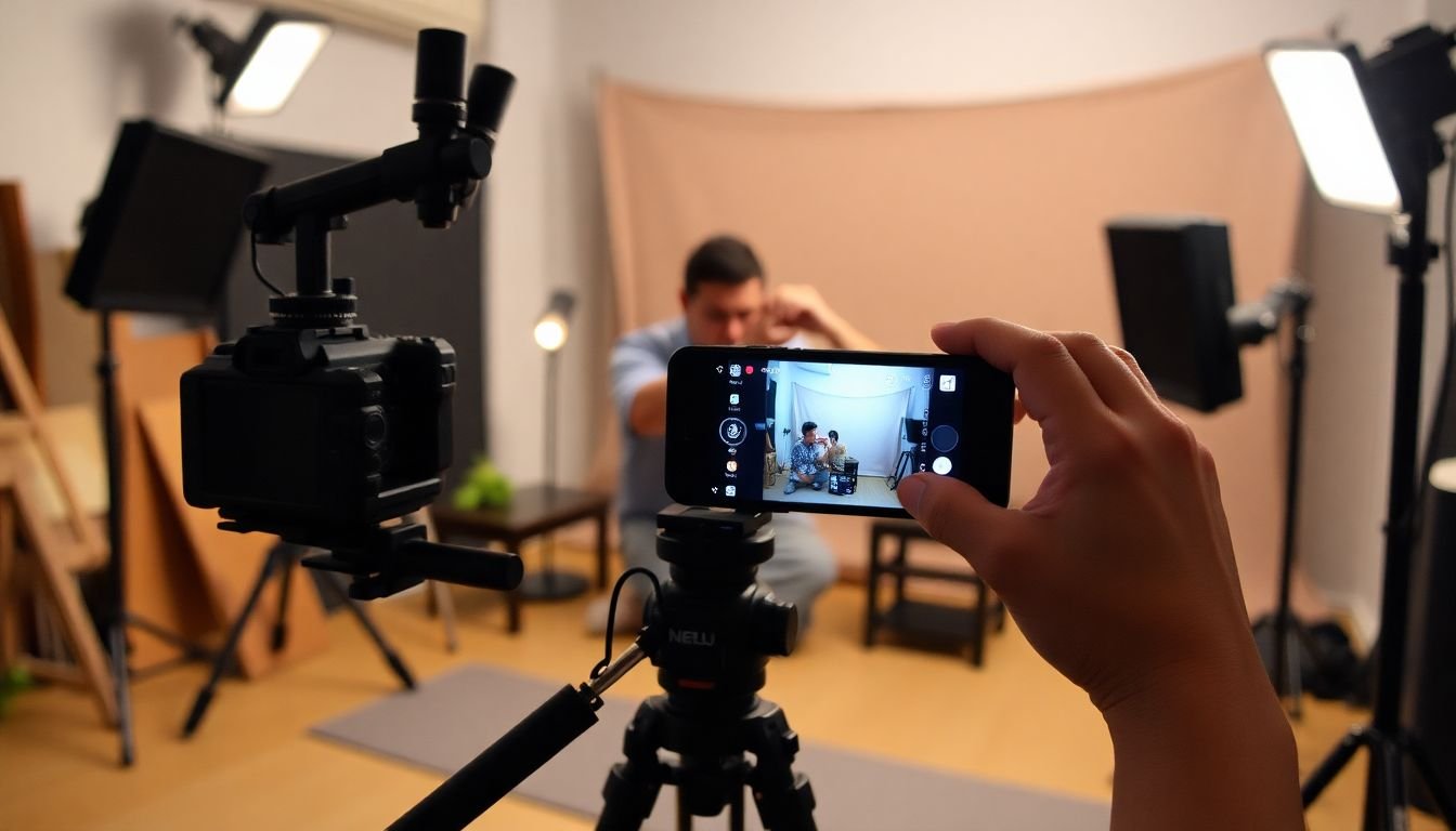 A well-designed set for a smartphone film shoot, with a filmmaker adjusting a prop to enhance the scene.