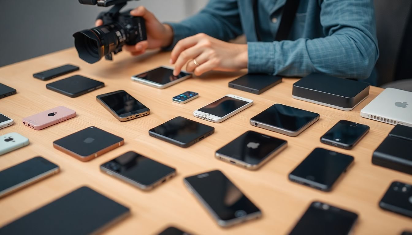A variety of smartphones and accessories laid out on a table, with a filmmaker making a selection.
