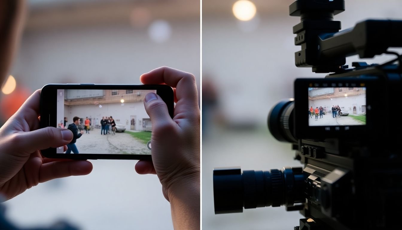 A filmmaker using a smartphone to capture a dynamic shot, with a split-screen comparison to a professional camera setup.