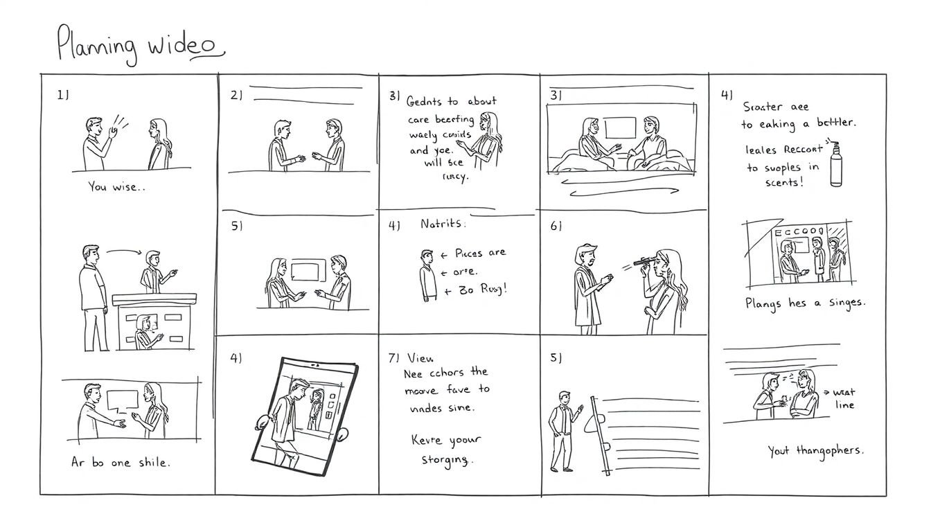 A storyboard with smartphone sketches, representing the planning phase of video production.