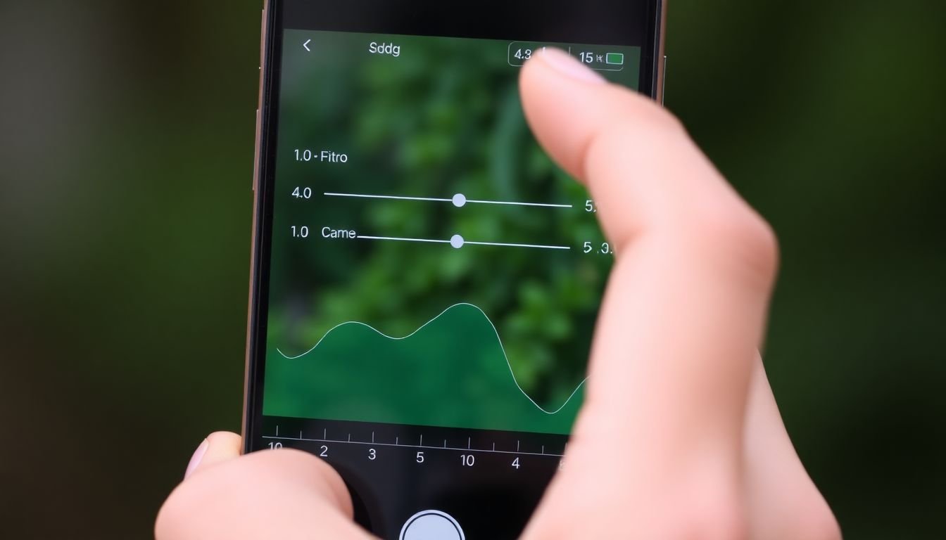A close-up of a hand adjusting smartphone camera settings, with a graph showing the effects of each adjustment.