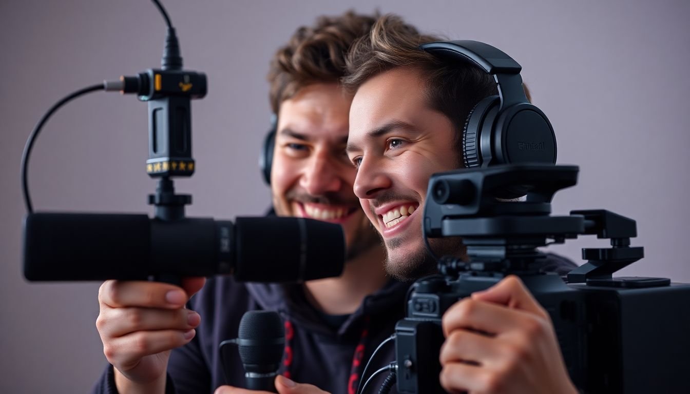 A filmmaker recording audio with an external microphone connected to a smartphone, with headphones on and a satisfied expression.