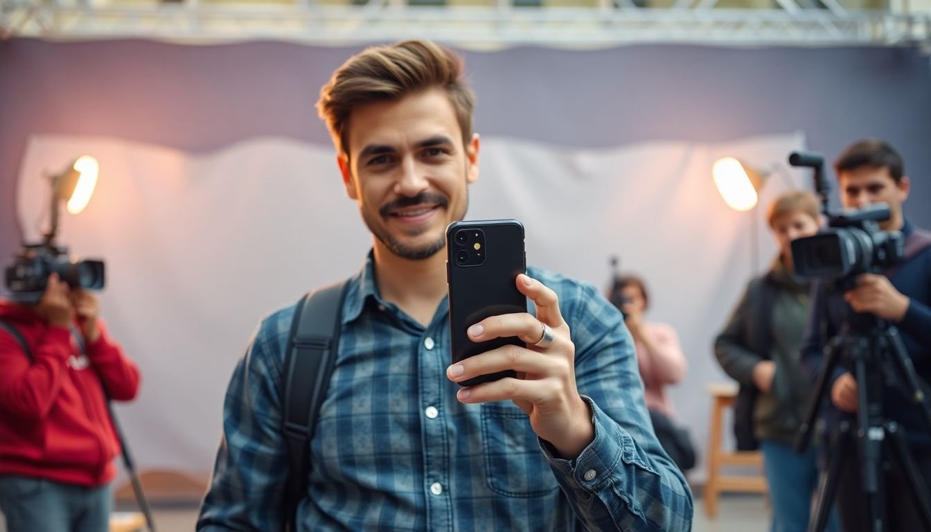 A captivating image of a filmmaker holding a smartphone, standing on a film set with professional cameras and crew members in the background, symbolizing the power of smartphone filmmaking.