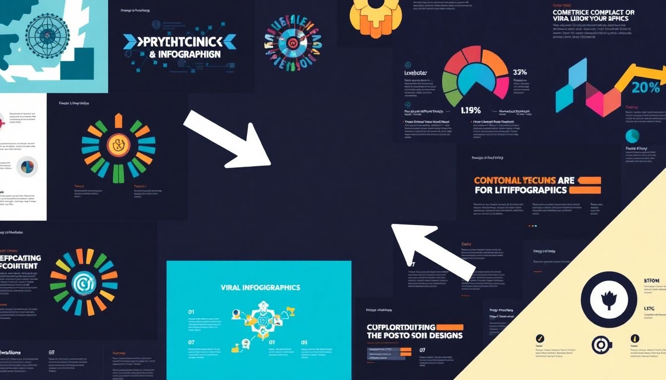A collage of viral infographic designs, with arrows pointing to key design elements.