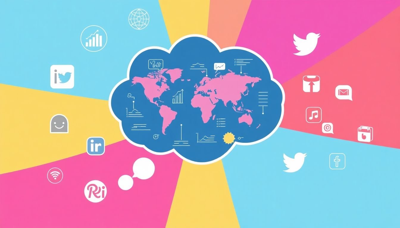 A thought bubble with infographic elements like charts and maps, surrounded by social media logos and sharing icons.