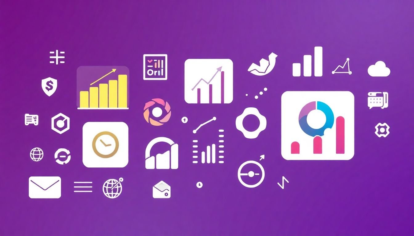 A variety of icons transforming into infographic elements like charts and graphs.
