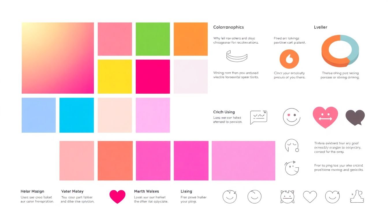 A color palette with various shades and hues, accompanied by infographic elements and emotional icons.
