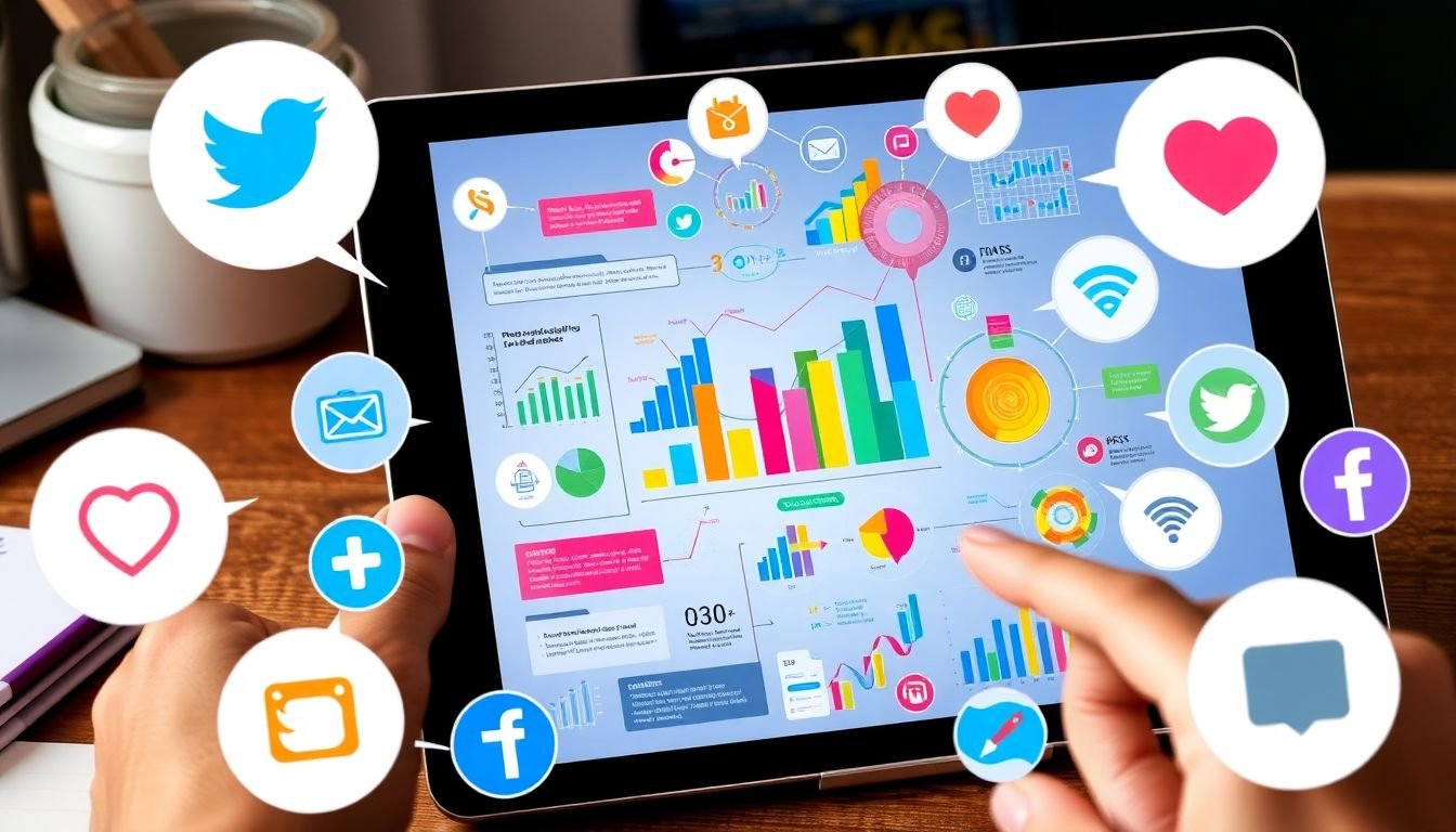 A dynamic infographic design in progress, with colorful charts, graphs, and icons, surrounded by sharing buttons and social media logos, on a digital design tablet.