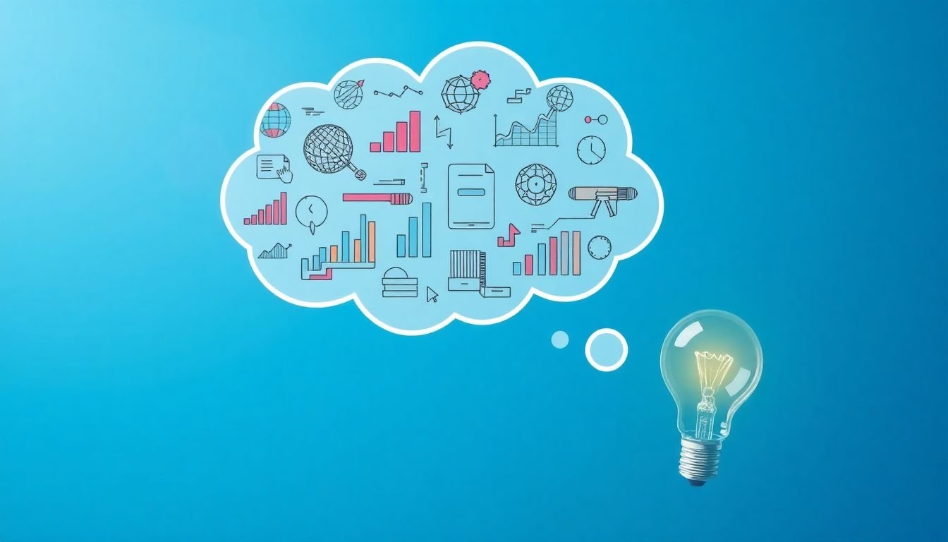 A thought bubble with data visualization concepts, connected to a lightbulb moment