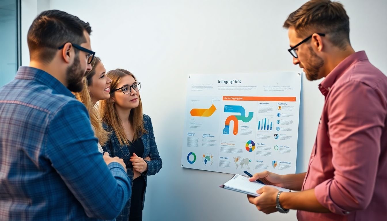 A focus group interacting with an infographic, with a designer taking notes on their feedback