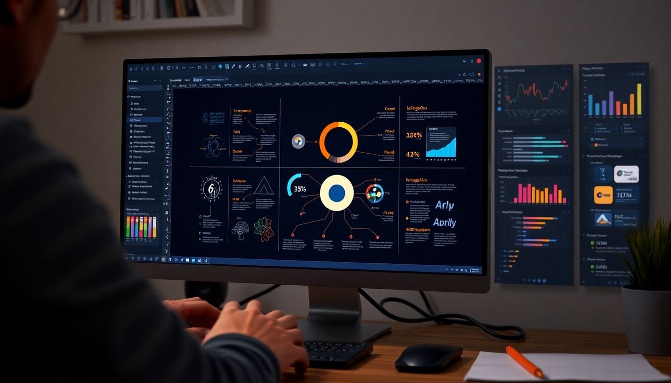A designer at work, following a step-by-step infographic creation process on a computer screen