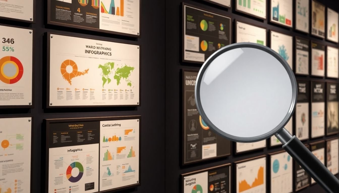 A gallery wall filled with award-winning infographics, with a magnifying glass highlighting key design elements