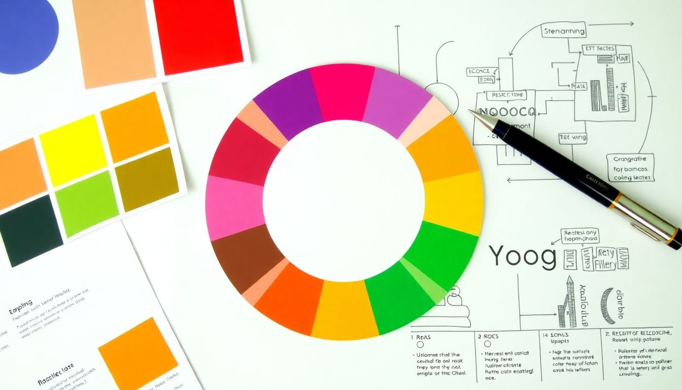 A color wheel and typography samples, with a sketch of an infographic in the background