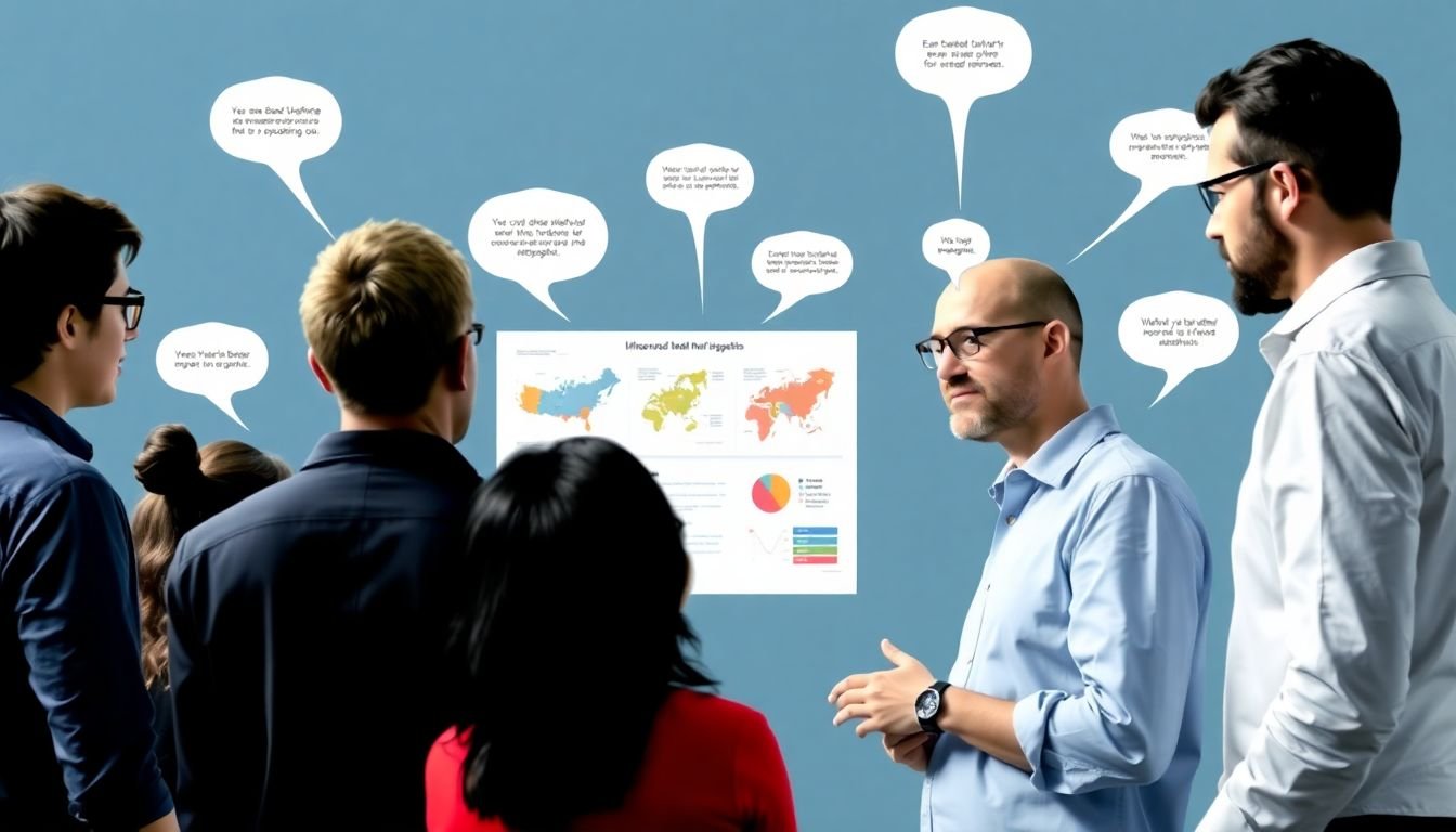 A diverse group of people interacting with an infographic, with thought bubbles showing their unique perspectives