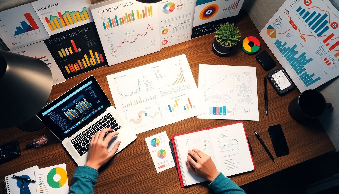 A creative designer at a desk, surrounded by colorful charts, graphs, and infographics, with a laptop open to a complex data set, and a sketchbook filled with rough designs.